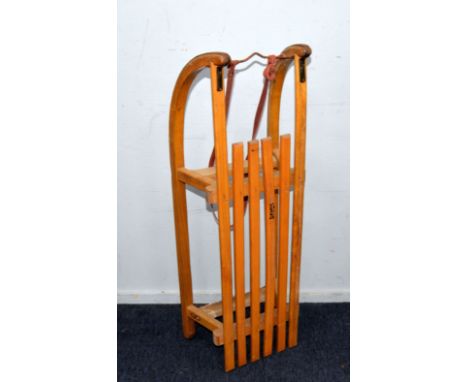 DAVOS SLEDGE: Traditional Swiss wooden and wrought iron child's sled, 39 3/8" (100 cm) L 