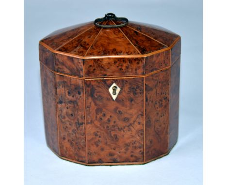 GEORGE III YEWTREE WOOD and BOXWOOD STRUNG DECAGONAL TEA CADDY with BRASS carrying handle, lidded compartment to the interior