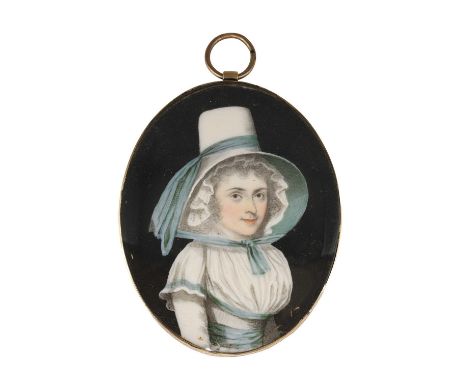 Attributed to Frederick Buck (Irish, 1771-1839) ​​Portrait of a lady, half-length, in a white dress and a wide-brimmed hat wi