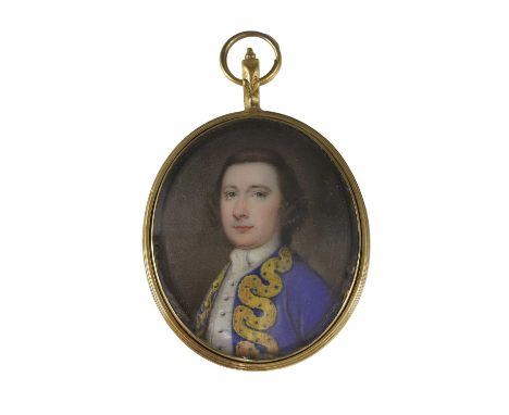 Nathaniel Hone RA (Irish, 1718-1784) ​​Portrait of a gentleman, bust-length, in a blue and gold-embroidered coatsigned with m