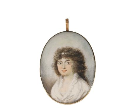 English School, late 18th century Portrait of a lady, bust-length, in a white dressminiature on ivory, oval, with plaited hai