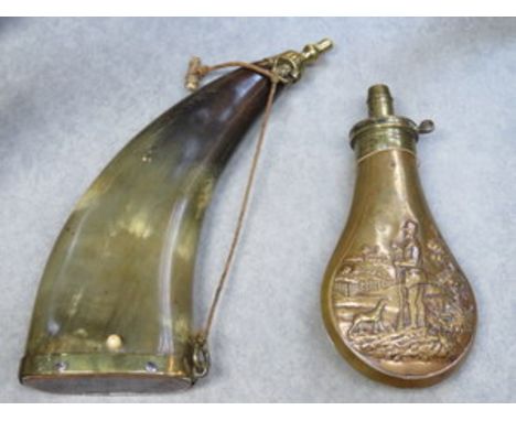 BRASS MOUNTED HUNTING HORN PLUS COPPER AND BRASS GUN POWDER FLASK 