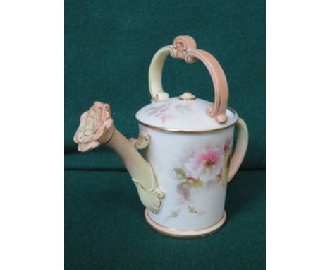 ROYAL WORCESTER CHINA WORKS HANDPAINTED AND GILDED BLUSH IVORY STYLE MINIATURE WATERING CAN, APPROXIMATELY 13cm HIGH