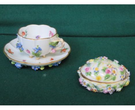 PRETTY MEISSEN HANDPAINTED, GILDED AND FLORAL DECORATED COFFEE CUP AND SAUCER PLUS SIMILAR OVAL CERAMIC STORAGE BOX WITH LID 