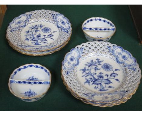 SET OF SIX MEISSEN  BLUE AND WHITE CERAMIC SHALLOW DISHES WITH PIERCEWORK DECORATION, ALSO PAIR OF MEISSEN SMALL CERAMIC BASK