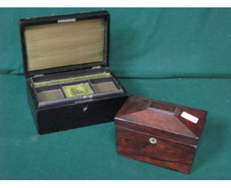 SMALL ROSEWOOD SARCOPHAGUS FORM TWO SECTION TEA CADDY AND LEATHER FITTED JEWELLERY CASKET 