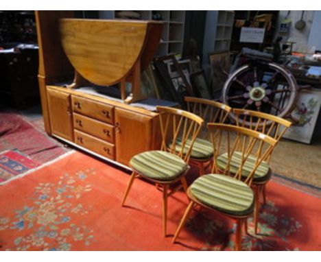 ERCOL LIGHT OAK DINING SUITE COMPRISING OF GATELEG TABLE, FOUR CHAIRS AND SIDEBOARD 