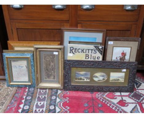 FRAMED SET OF THREE WATERCOLOURS, MAP OF CHESTER, CIGARETTE CARDS, HUNTING PRINT, TWO SMALL WALL MIRRORS, ETC.