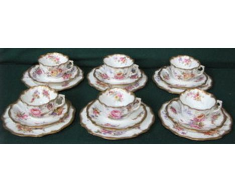 SET OF SIX PRETTY GILDED AND FLORAL DECORATED HAMMERSLEY & CO DRESDEN SPRAYS TRIOS (CUPS, SAUCERS, SIDE PLATES)