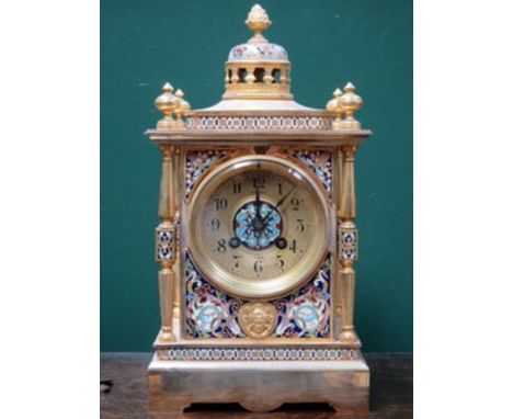 GOOD QUALITY FRENCH ENAMELLED BRASS BRACKET CLOCK WITH GILT AND ENAMELLED DIAL, BY DIMMER 