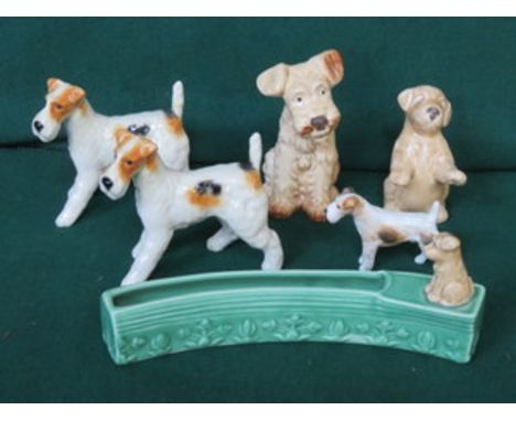 TWO BESWICK DOGS, TWO SYLVAC DOGS, SYLVAC POSY VASE AND ONE OTHER GLAZED CERAMIC DOG 