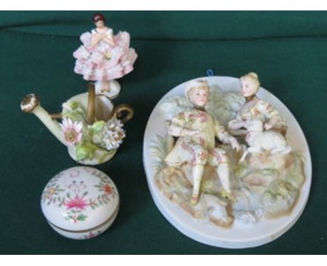 CONTINENTAL STYLE FIGURE FORM OVAL CERAMIC WALL PLAQUE (AT FAULT), DRESDEN FIGURINE, MEISSEN POT WITH COVER AND SMALL CERAMIC