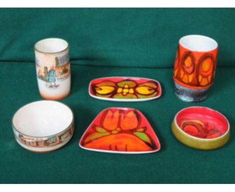 FOUR PIECES OF POOLE POTTERY AND TWO PIECES OF ROYAL DOULTON DICKENS WARE 