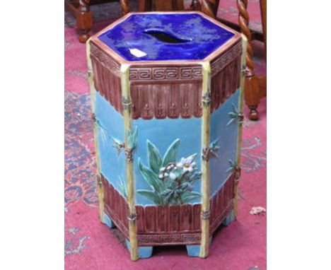 JOSEPH HOLDCROFT MAJOLICA STYLE HEXAGONAL CERAMIC GARDEN SEAT, DECORATED WITH LILY OF THE VALLEY FLOWERS AND BAMBOO CORNERS, 
