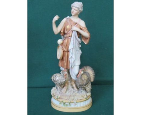 ROYAL DUX BOHEMIA GILDED CERAMIC FIGURE GROUP DEPICTING A GENT WITH TWO TURKEYS (AT FAULT), APPROXIMATELY 34cm HIGH 