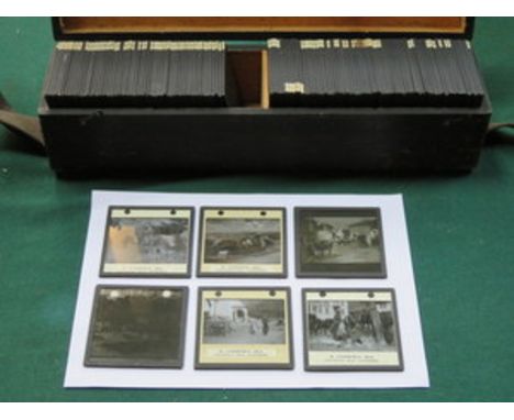 WOODEN BOX CONTAINING APPROXIMATELY 120+ MAGIC LANTERN SLIDES DEPICTING MAINLY VINTAGE VILLAGE SCENES 