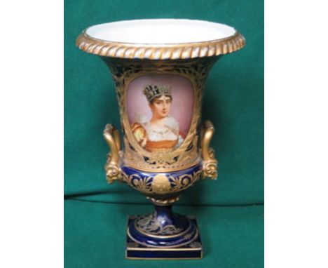 SEVRE HEAVILY GILDED AND HANDPAINTED TWO HANDLED URN, DEPICTING A CONTINENTAL QUEEN PORTRAIT, SIGNED (INDISTINCT), APPROXIMAT