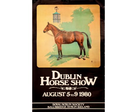 1980 Dublin Horse Show travel poster. A map of Ireland with a chestnut hunter in front and the Royal Dublin Society clock tow
