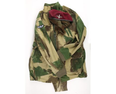 Paratrooper smock, scarf and beret. A 1972-pattern Denison parachute smock, with SAS parachute label to right shoulder, label