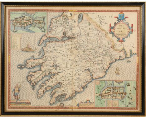 1676 Map of Munster by John Speed. A hand-coloured, engraved map of Munster (Mounster) by John Speed with inset town plans of