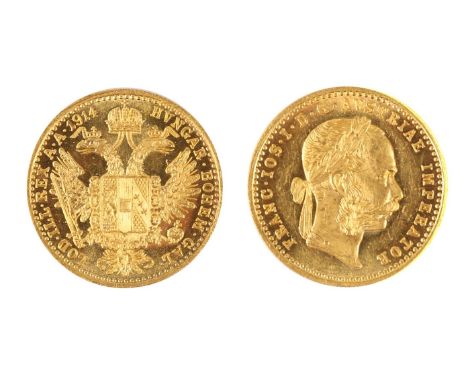 Coin. Austrian Franz Joseph one Ducat gold coin dated 1914, laureate portrait reverse, arms within double headed eagle holdin