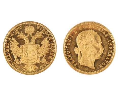 Coin. Austrian Franz Joseph one Ducat gold coin, 1887, laureate portrait reverse, arms within double headed eagle holding an 