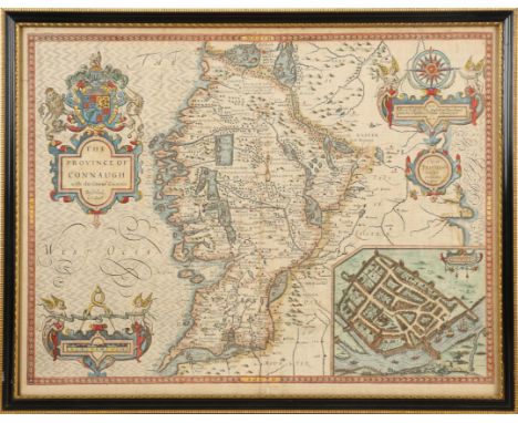 1676 Map of Connaught by John Speed. A hand-coloured, engraved map, The Province of Connaugh, with inset town plan of Galway.