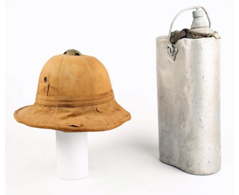 World War II Italian Army uniform sun helmet and a military issue olive oil can. (2) 