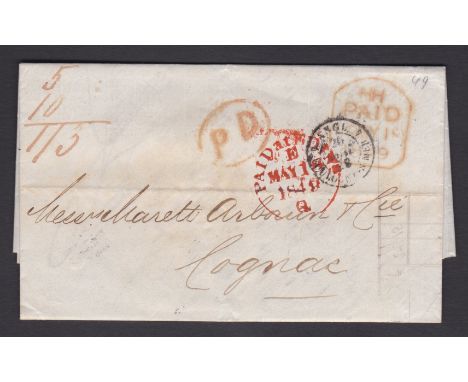 Scotland-1849EL Edinburgh (Bank)  to Cognac(France) - on array of three - different paid (PD circle)  tombstone etc, all in r