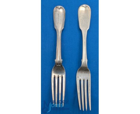 2x Dublin Irish Silver Georgian &amp; Victorian Forks: a fine heavy fork 105g 1840 Victorian Fermanagh Grand Jury Philip Week