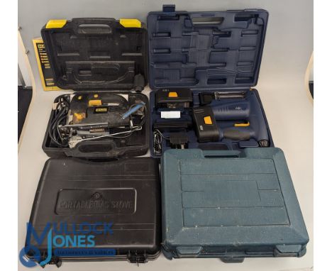 4x Cased Power Tools Equipment: to include a McKeller jigsaw MCKMO7, unbranded cordless nail gun, Black &amp; Decker mains dr