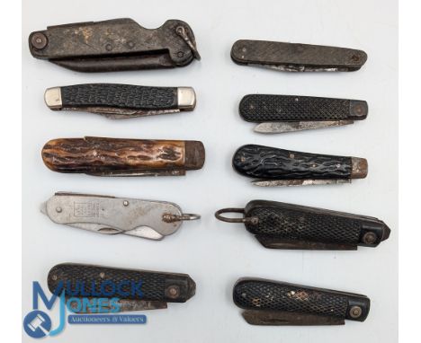 Various British military folding pocket knives, including four with black chequered grips and Marlin spikes; fourteen various