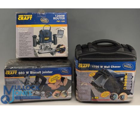 3x Power Craft Power Tools, all cased to include a Biscuit jointer 850W unopened, wall chaser W1700, and 1200w router. G