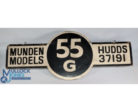 Hand painted Huddersfield Munden Model Shop Sign, with 55G engine shed logo, signs of age-related wear - size#114cm