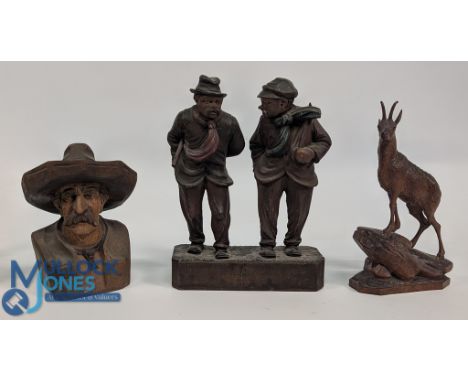 3x wooden carved figures to include a fine Black Forest goat (has a damaged ear), a pair of walking figures - both have missi