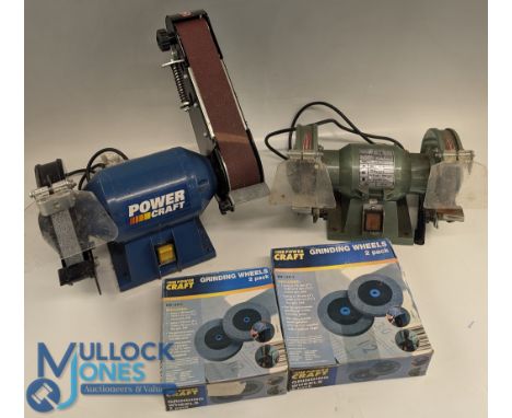 Power Craft Grinding Wheel and Sanding Belt Bench Tool, plus Agojama twin grinder, 2 unused boxes of unused grinding wheels, 