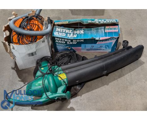 Tools to include an electric Greenline leaf blower, Coopers wet and dry vacuum mitre saw set. Collection recommended