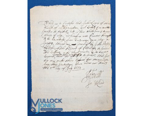 Legal – exemption from Jury Service 1667 manuscript document being an exemption of Jury Service for John Lavers of Ashpringto