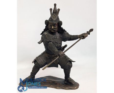 Period large Japanese Samurai bronze figure, holding a spear in both hands, solid brass - has some age - size #56cm tall