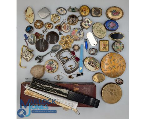 Collection of Vintage Costume Jewellery: compacts by Stratton and Coalport, pill boxes, scarf clips, musical ashtray, buckle 