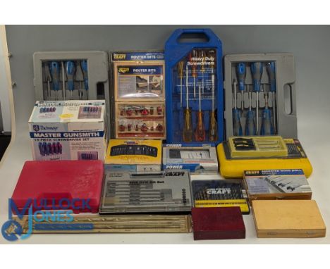 Large collection of boxed Tools and Accessories, to include screw drivers, drill bits hooks, counter sinking tools, router bi