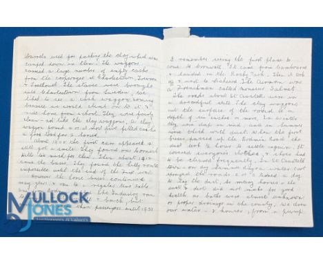 WWI Handwritten Manuscript Account: by an unnamed author, who chronicles his life before the outbreak of WWI in Cornwall, and
