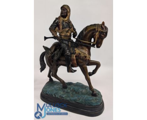 Large metal Arab horseback figure, in painted bronze effect, made of base metal – size # 20cm x 41cm x 57cm. Heavy item colle
