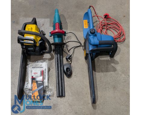 Gardening Power tools: to include a Bosch rechargeable hedge cutter, McCullock chain saw (petrol), Workzone chain saw (mains 
