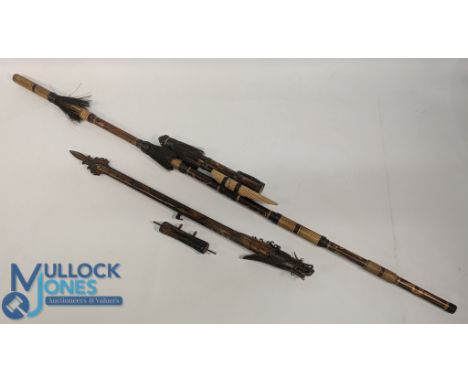 Tribal style bamboo blowgun - with darts, plus a bovine bone carved oriental dragon headed blow dart (has slight damage on cl