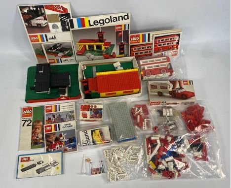 Vintage Lego Miniature Petrol station, Fire Station with outer box sleeve, 379 Car and Caravan, 313 Double Decker Bus with in