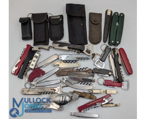Collection of corkscrews, bottle openers, multi tools, pipe Reamers clean tools, new and old, to include Talon set, Champagne