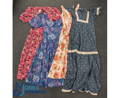 4x Good period Laura Ahley Floral Patterned Dresses: a Laura Ashley orange and white rose print dress size 10 UK, a purple ro