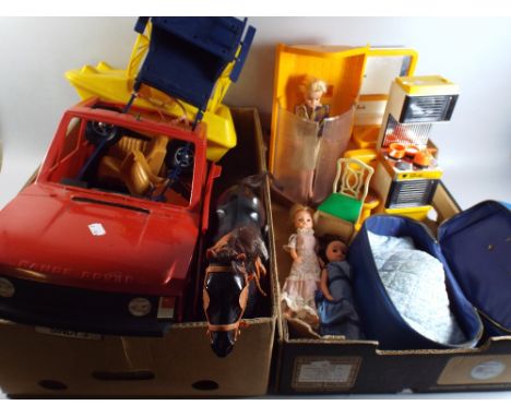 Three Sindy Dolls and Accessories Including Range Rover, Horse and Carriage, Cooker Shower and Wash Basin Etc. 
