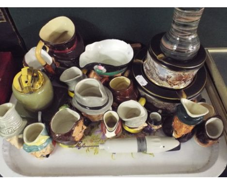 A Tray Containing Miniature Character Jugs, Onyx Lighter, Ash Trays Etc. 